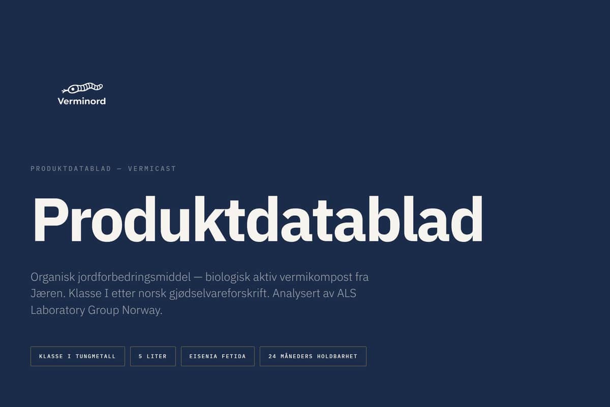 Toppen av produktdatabladet for VermiCast, med tittel, ingress og nøkkelfakta på marineblå bakgrunn