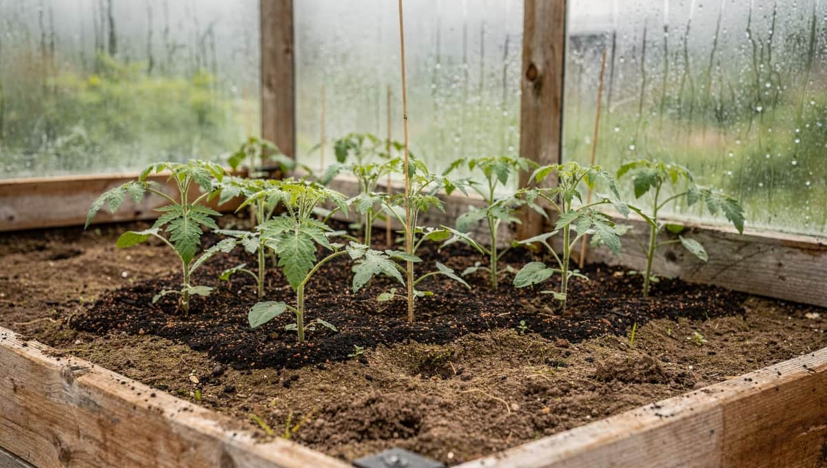Unge tomatplanter i høybed i et drivhus, med et mørkt lag vermikompost strødd rundt stilkene